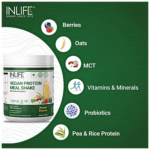 INLIFE Vegan Protein Meal Shake Powder - Mango, 17.5g Protein, Non-Dairy, Lactose-Free, 500 g  