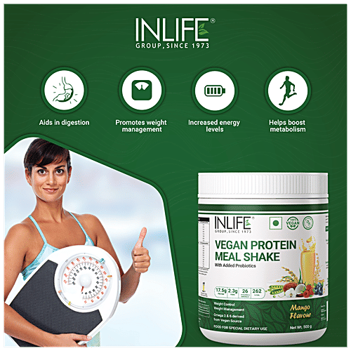 INLIFE Vegan Protein Meal Shake Powder - Mango, 17.5g Protein, Non-Dairy, Lactose-Free, 500 g  