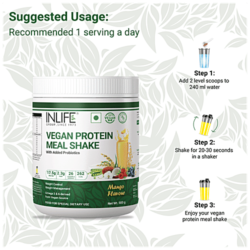 INLIFE Vegan Protein Meal Shake Powder - Mango, 17.5g Protein, Non-Dairy, Lactose-Free, 500 g  