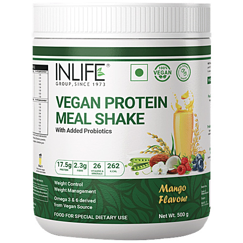 INLIFE Vegan Protein Meal Shake Powder - Mango, 17.5g Protein, Non-Dairy, Lactose-Free, 500 g  