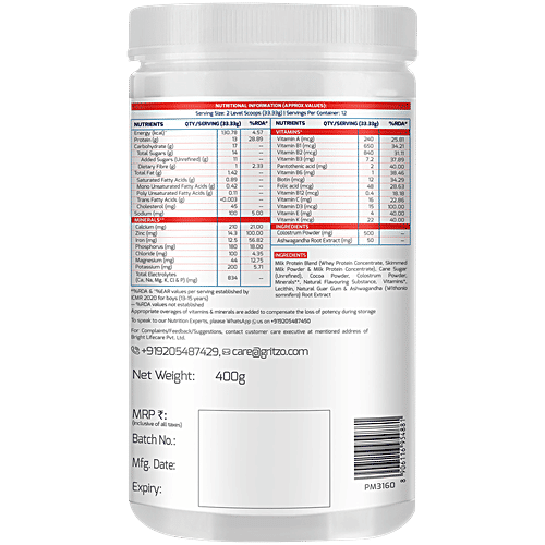 Gritzo SuperMilk Height+ For 13+ Year Boys,13 g Protein With Zero Refined Sugar - Double Chocolate, 400 g  