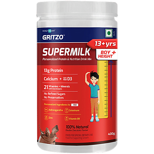 Gritzo SuperMilk Height+ For 13+ Year Boys,13 g Protein With Zero Refined Sugar - Double Chocolate, 400 g  