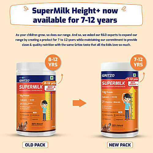 Gritzo SuperMilk Height+ For 7-12 Yrs Boys - Personalized Protein & Nutrition Drink Mix, Double Chocolate, 400 g