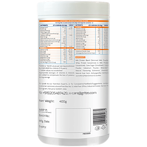 Gritzo SuperMilk Height+ For 7-12 Yrs Boys - Personalized Protein & Nutrition Drink Mix, Double Chocolate, 400 g