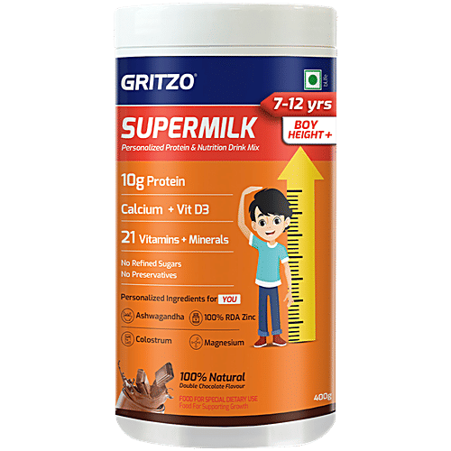 Gritzo SuperMilk Height+ For 7-12 Yrs Boys - Personalized Protein & Nutrition Drink Mix, Double Chocolate, 400 g