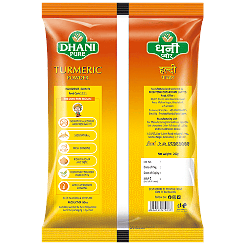 Dhani Pure Turmeric/Haldi Powder - Natural, No Artificial Colours & Preservatives, 200 g Pouch 