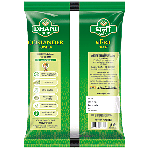 Dhani Pure Coriander/Dhania Powder - Natural, No Artificial Colours & Preservatives, 100 g Pouch 