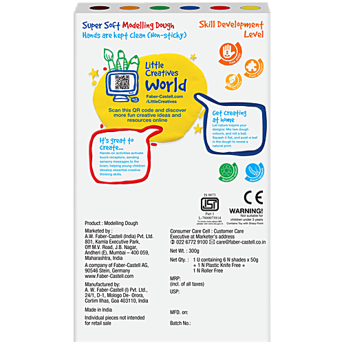 Faber castell Modelling Dough Pack - 6 Shades From Natural Ingredients, 12 Design Moulds, Plastic Knife & Roller, 50 g  