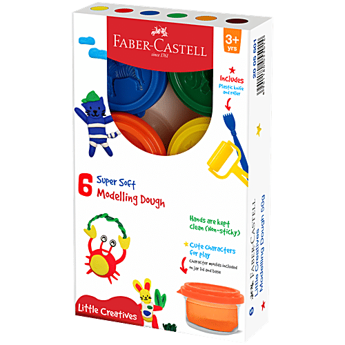Faber castell Modelling Dough Pack - 6 Shades From Natural Ingredients, 12 Design Moulds, Plastic Knife & Roller, 50 g  