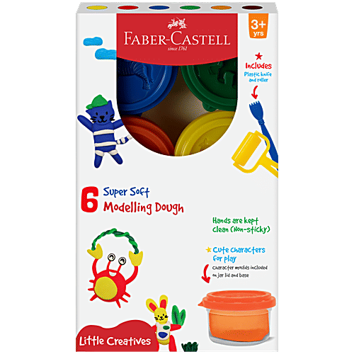 Faber castell Modelling Dough Pack - 6 Shades From Natural Ingredients, 12 Design Moulds, Plastic Knife & Roller, 50 g  