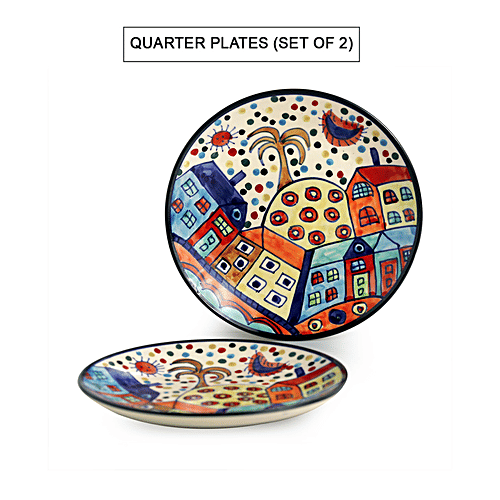 ExclusiveLane The Hut Couple Ceramic Quarter Plates - Hand-Painted, Microwave Safe, Stylish, 2 pcs  