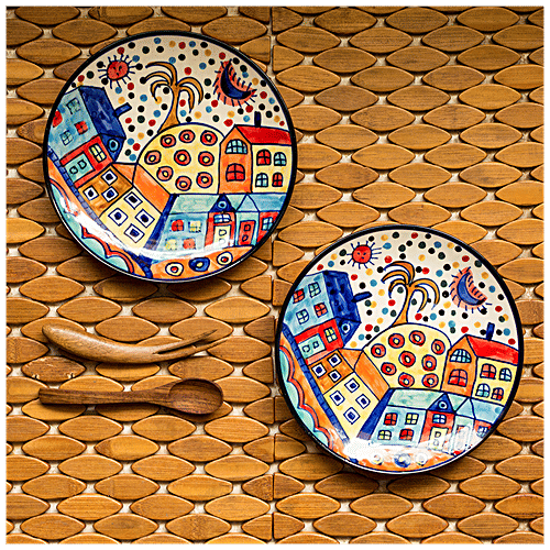 ExclusiveLane The Hut Couple Ceramic Quarter Plates - Hand-Painted, Microwave Safe, Stylish, 2 pcs  
