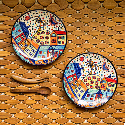 ExclusiveLane The Hut Couple Ceramic Quarter Plates - Hand-Painted, Microwave Safe, Stylish, 2 pcs  
