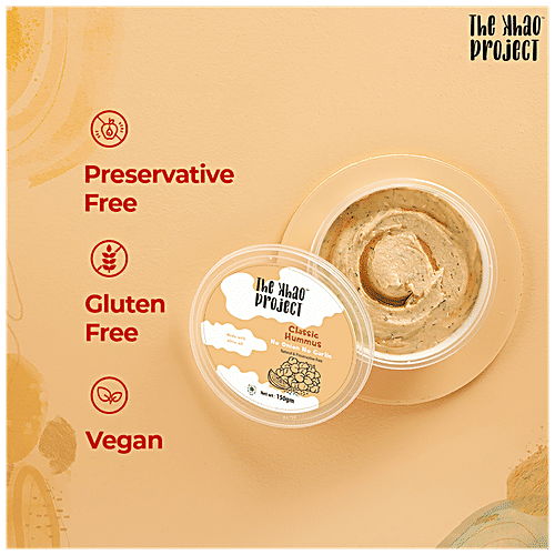 The Khao Project Classic Hummus Dip/Spread - No Onion No Garlic, Vegan, Tasty & Healthy Low-calorie Snack, 150 g