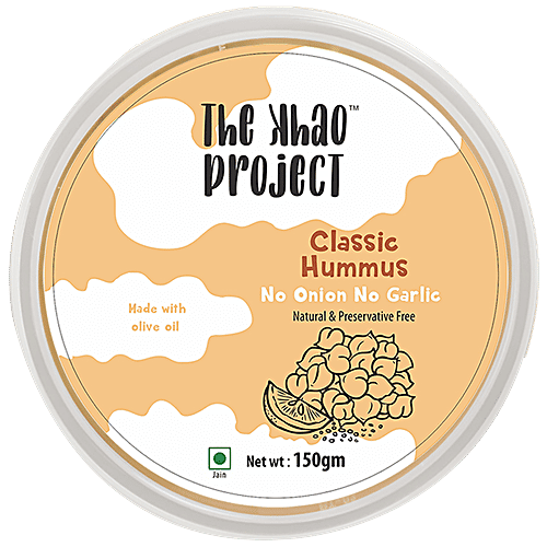 The Khao Project Classic Hummus Dip/Spread - No Onion No Garlic, Vegan, Tasty & Healthy Low-calorie Snack, 150 g
