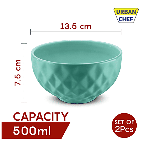 Urban Chef Prism Ceramic Bowl - Sea Green, Handcrafted, Shine Matte, Microwave Safe, For Salad/ Soup/ Cereal, 500 ml  