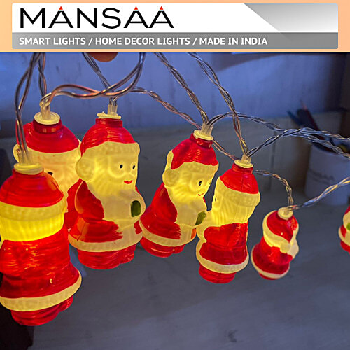 Mansaa 10 LED Lights Great Santa Icons, Festive Home Decor - Battery Powered, Warm White, 2 Mtr, 1 pc  