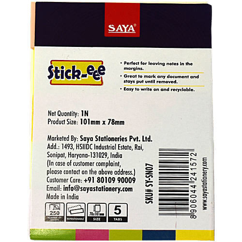 Saya Stick-eee Page Markers - Easy To Use, 5 Colours, 750 mm x 100 mm, 1 pc  