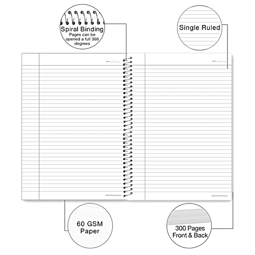 Luxor Premium Exercise Notebook - Ruled, Single Line, Spiral Binding, 240 mm x 180 mm, 300 Pages, 1 pc