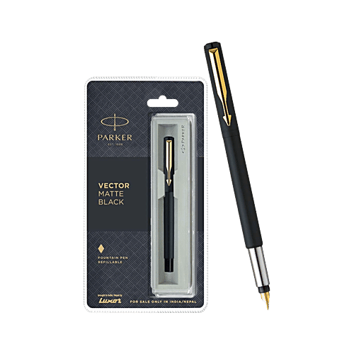 Parker Fountain Pen Refillable - Black, Vector Matte, Fine With Gold Nib, 1 pc  