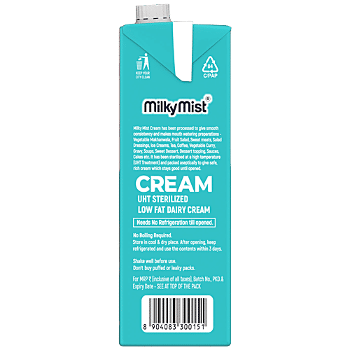 Milky Mist Cream - UHT Sterilized Low Fat Dairy, 25% Milk Fat, 1 L Dairy Cream, Low Fat Cream, UHT Cream, 25% Milk Fat