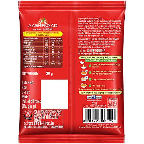 Aashirvaad Instant Sambar - With Added Vegetables, 30 g Pouch Goodness of Dals, No Added Preservatives, Ready in 8 Minutes