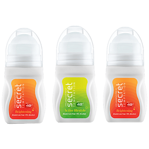 Secret Temptation Deodorant Roll - Active Lifestyle & Brightening, For Women, 0% Alcohol, 50 ml (Pack of 3) 