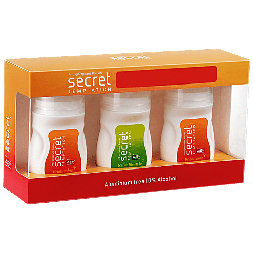 Secret Temptation Deodorant Roll - Active Lifestyle & Brightening, For Women, 0% Alcohol, 50 ml (Pack of 3) 