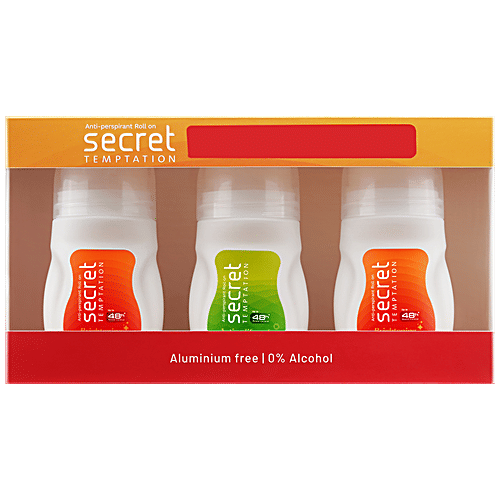 Secret Temptation Deodorant Roll - Active Lifestyle & Brightening, For Women, 0% Alcohol, 50 ml (Pack of 3) 