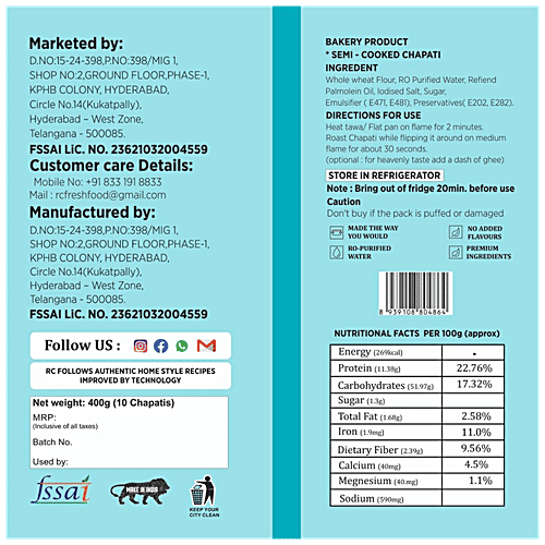 RC Fresh Food Whole Wheat Chapati - Ready To Cook, No Added Preservatives, 400 g (10 pcs) 