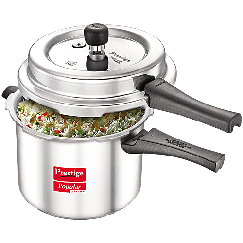 Prestige Popular Svachh Virgin Aluminium Spillage Control Outer Lid Pressure Cooker - Silver, 5 L  