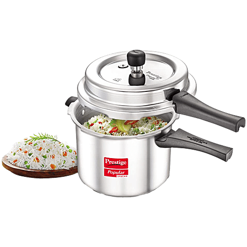 Prestige Popular Svachh Virgin Aluminium Spillage Control Outer Lid Pressure Cooker - Silver, 5 L  