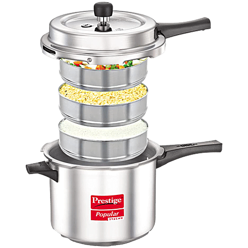 Prestige Popular Svachh Virgin Aluminium Spillage Control Outer Lid Pressure Cooker - Silver, 5 L  