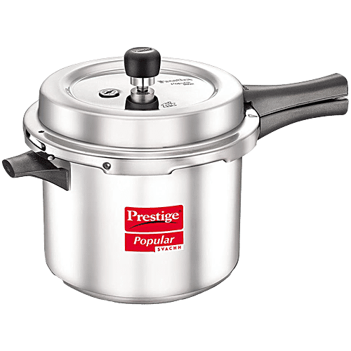 Prestige Popular Svachh Virgin Aluminium Spillage Control Outer Lid Pressure Cooker - Silver, 5 L  