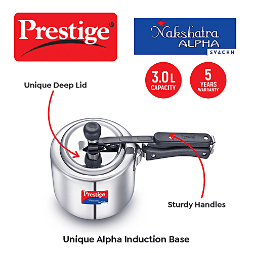 Prestige Nakshatra Alpha Svachh Stainless Steel Spillage Control Pressure Cooker - Silver, 3 L
