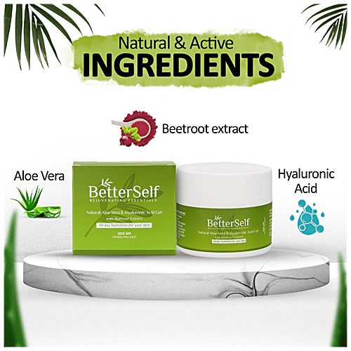 BetterSelf Natural Aloe Vera & Hyaluronic Acid Gel - Beetroot Extract, Hydrates & Nourishes Skin, 200 g