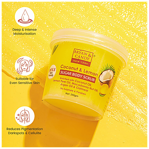 Bryan & Candy  Sugar Body Scrub - Coconut & Lemon, pH 5.5, Skin Friendly, Paraben Free, 250 g  