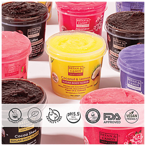 Bryan & Candy  Sugar Body Scrub - Coconut & Lemon, pH 5.5, Skin Friendly, Paraben Free, 250 g  