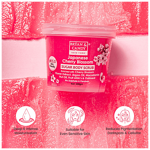Bryan & Candy  Sugar Body Scrub - Japanese Cherry Blossom, pH 5.5, Skin Friendly, Paraben Free, 250 g  