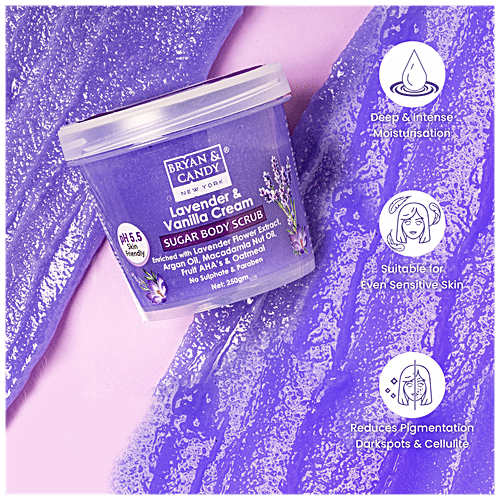 Bryan & Candy  Sugar Body Scrub - Lavender & Vanilla Cream, pH 5.5, Skin Friendly, Paraben Free, 250 g  