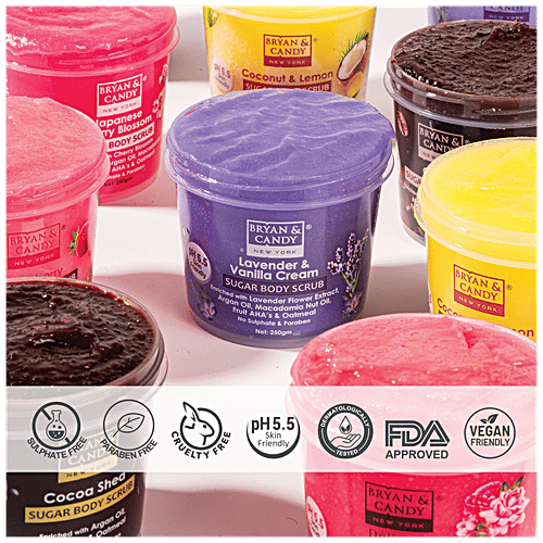 Bryan & Candy  Sugar Body Scrub - Lavender & Vanilla Cream, pH 5.5, Skin Friendly, Paraben Free, 250 g  