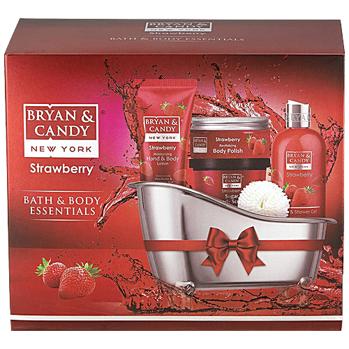 Bryan & Candy  Bath Tub Gift Set - Strawberry, Complete Home Spa Experience, For Men & Women, 4 pcs  