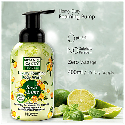 Bryan & Candy Luxury Foaming Body Wash - Basil & Lime, pH 5.5, Skin Friendly, Paraben Free, 400 ml