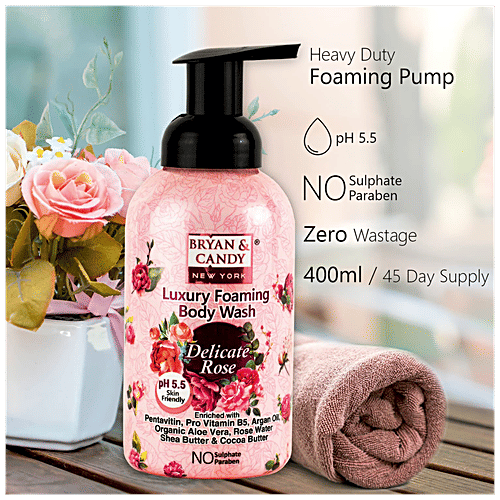 Bryan & Candy  Luxury Foaming Body Wash - Delicate Rose, pH 5.5, Skin Friendly, Paraben Free, 400 ml  
