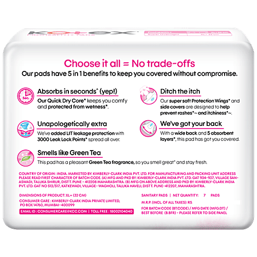 Kotex ProHealth+ Sanitary Pads - Ultra Thin, No Leakage, No Wetness, Rash Free, XL+, 7 pcs  