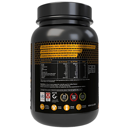 ZEELAB HERO Whey Protein Isolate - For Muscle Building, Cafe Mocha, 909 g