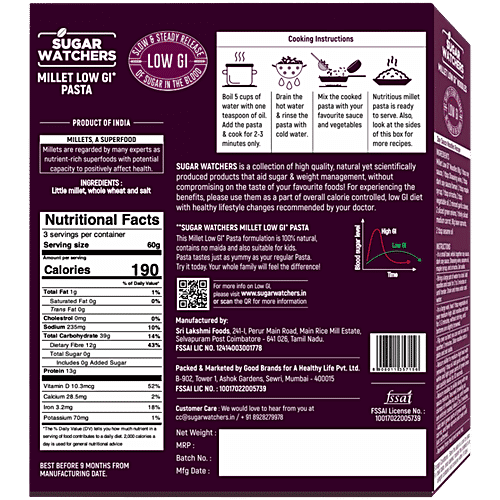 Sugar Watchers Millet Low GI Pasta Macaroni - Diabetic Friendly, No Maida, Natural, 180 g  