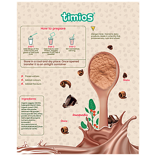 Timios High Protein Chocolate Hearty Milk Mix - No Sugar, With Oats, Organic Jowar, Cocoa Powder, 250 g Box 