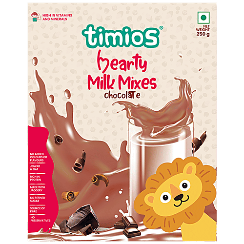 Timios High Protein Chocolate Hearty Milk Mix - No Sugar, With Oats, Organic Jowar, Cocoa Powder, 250 g Box 