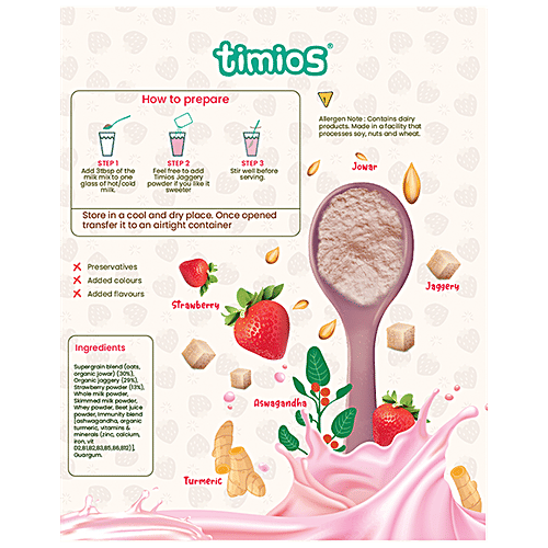 Timios High Protein Berry Full Hearty Milk Mix - No Sugar, With Oats, Organic Jowar, Strawberry Powder, 250 g Box 